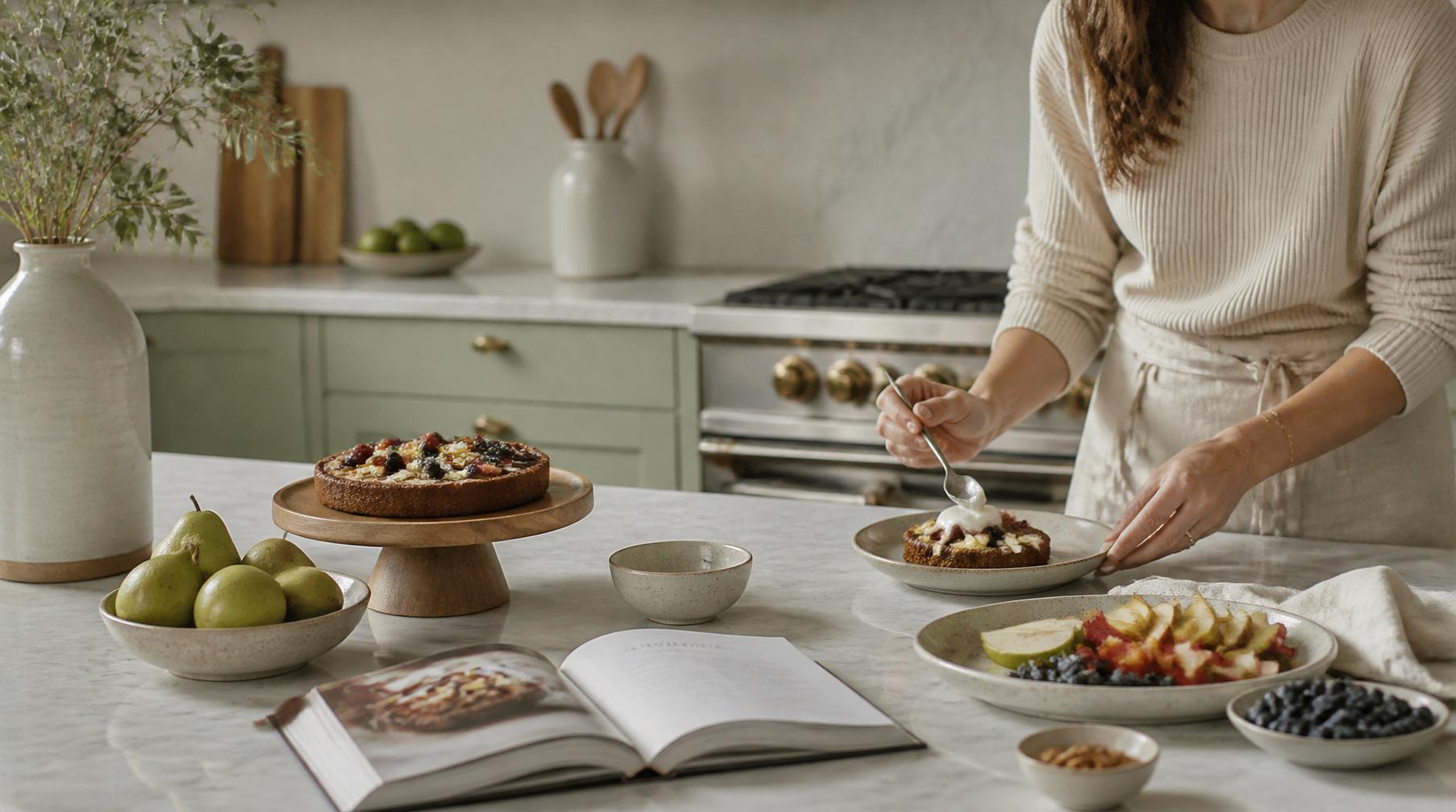 Cocina moderna con postres saludables sobre mármol