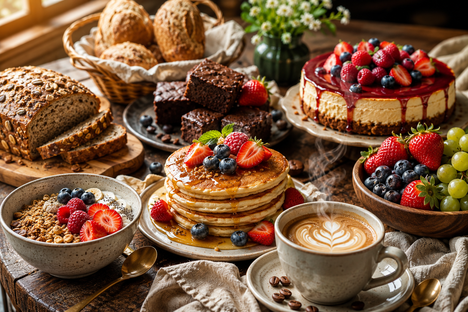 Mesa de desayuno saludable y lujosa con panes artesanales, frutas frescas, café y postres saludables